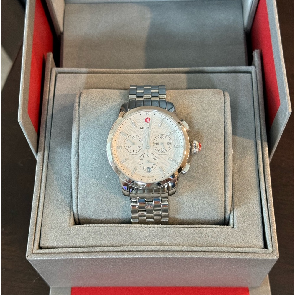 Michele Uptown Silver Stainless Steel Watch with Diamond Markers